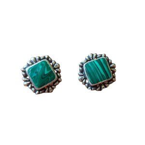 Vintage Malachite Sterling Silver Earrings Emerald Green Boho Stud 925